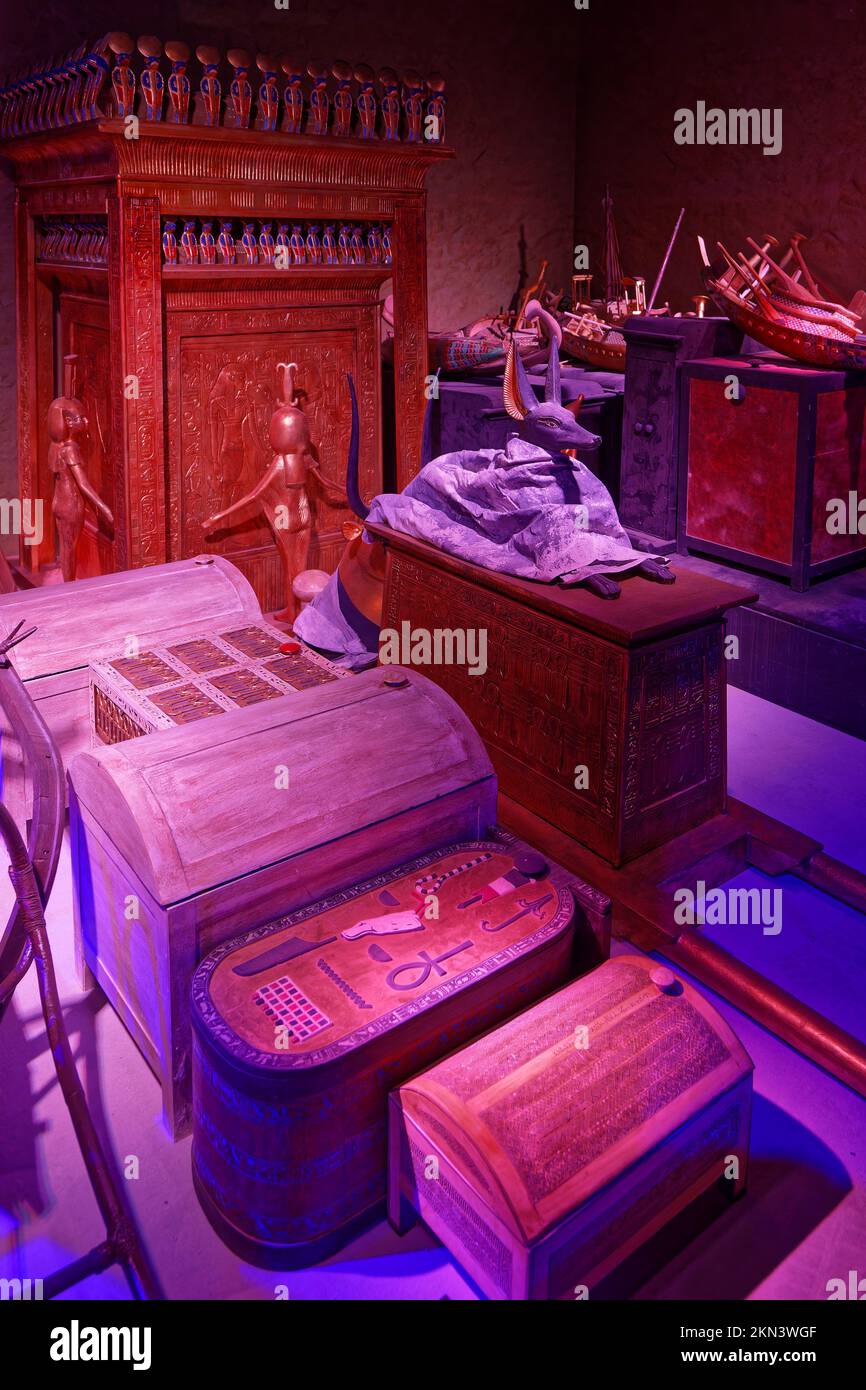 LYON, FRANCE, November 25, 2022 : Replica of the burial chambers of the tomb, presented in the exhibition celebrating 100 years of discovery. Stock Photo
