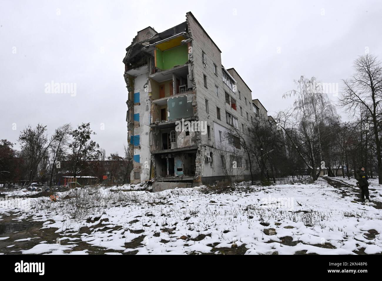 Illustration picture shows a destroyed building, during a visit to Borodianka in the Kyiv Oblast (province), on the second day of a visit to Ukraine, on Sunday 27 November 2022. Most of the buildings in Borodianka, a small town on an important access road to Kyiv, have been destroyed by Russian bombings in the first months of the Russian invasion. Prime Minister De Croo and Minister of Foreign Affairs Lahbib arrived in the Ukrainian capital Kyiv on Saturday for an unannounced visit. Nine months ago, Russia invaded the neighboring country. Belgium will provide additional support to Ukraine. De Stock Photo