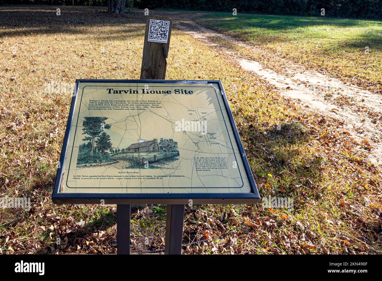 Calhoun, Georgia, USA-October 20, 2022: Informational sign for the Tarvin House at New Echota, the Capital of the Cherokee Nation. Stock Photo