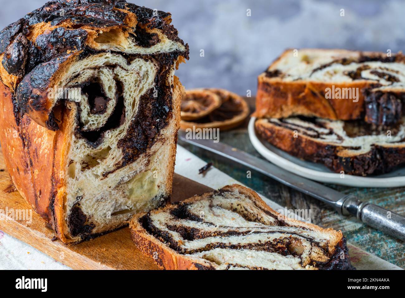Chocolate babka traditional Jewish brioche bread with chocolate Stock