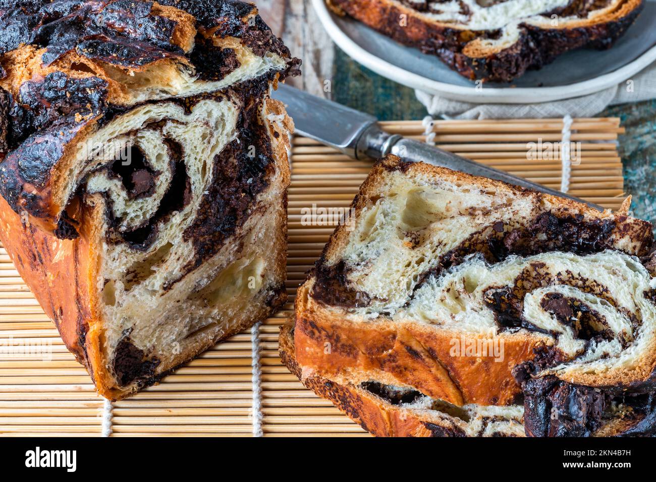 Chocolate babka traditional Jewish brioche bread with chocolate Stock