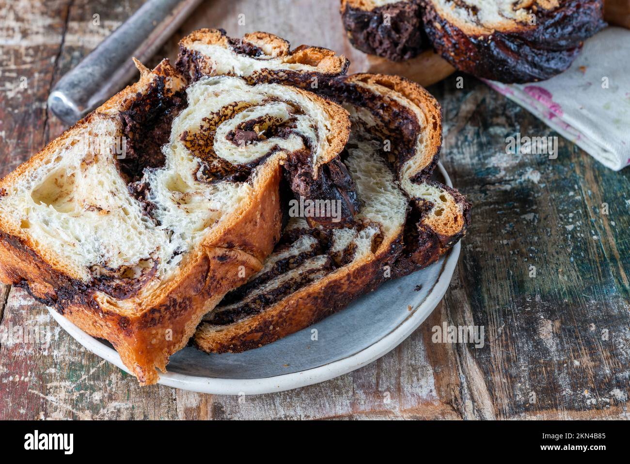 Chocolate babka traditional Jewish brioche bread with chocolate Stock