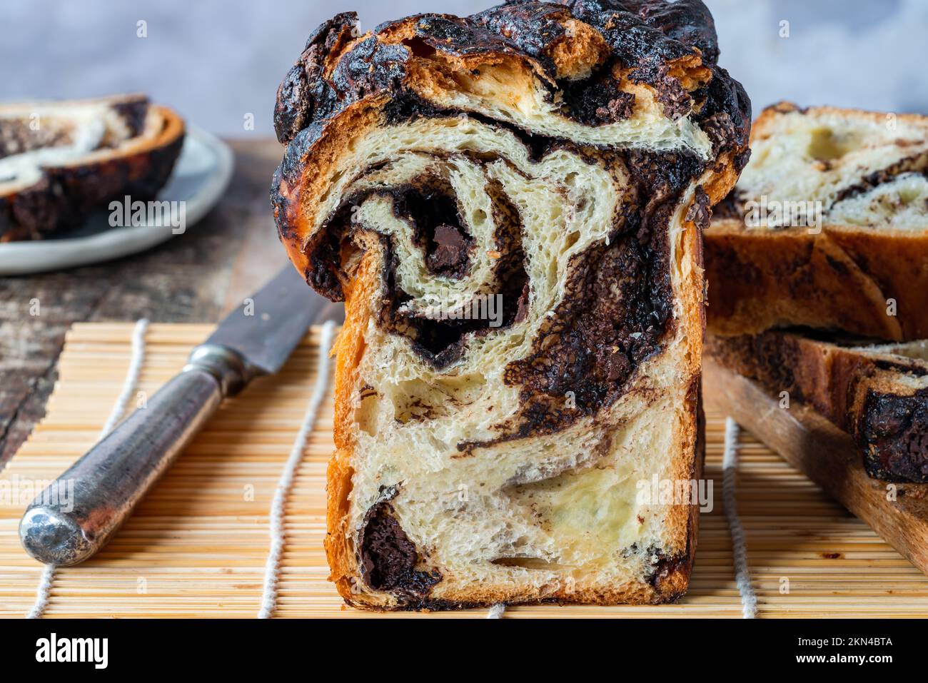 Chocolate babka traditional Jewish brioche bread with chocolate Stock