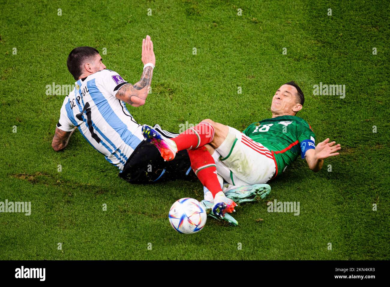 Lusail, Qatar. 14th Sep, 2022. Lusail, Qatar, Nov 26th 2022: Rodrigo De Paul of Argentina and Andres Guardado of Mexico during a match between Argentina vs Mexico, valid for the group stage of the World Cup, held at the Estadio Nacional de Lusail in Lusail, Qatar. (Marcio Machado/SPP) Credit: SPP Sport Press Photo. /Alamy Live News Stock Photo