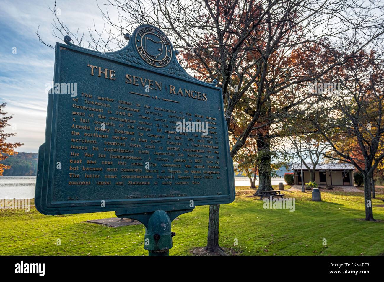 Scio, Ohio, USA- Oct. 24, 2022: Historical marker for  westernmost point of The Seven Ranges, the first land surveyed in Ohio following the 1763 Treat Stock Photo