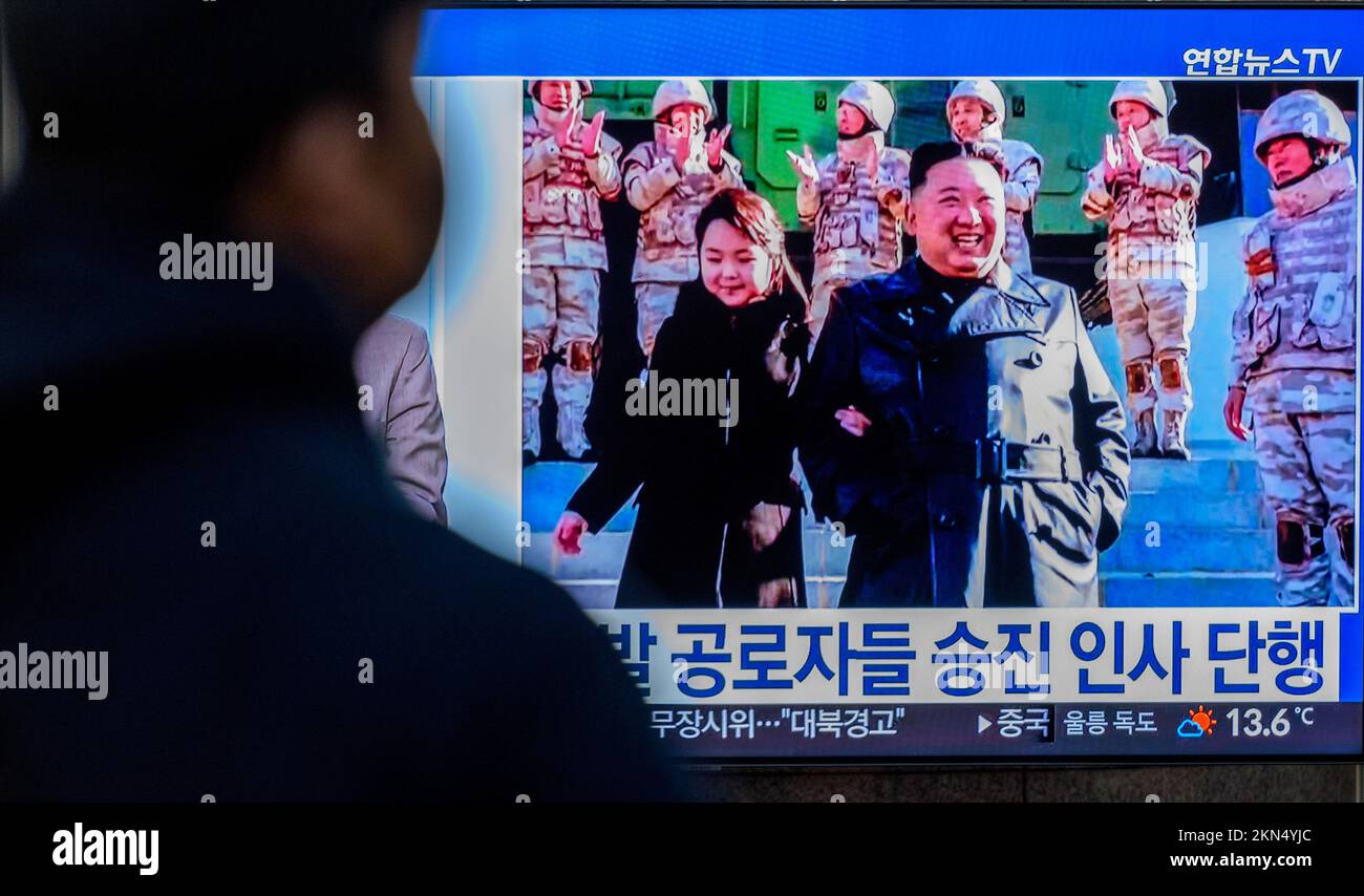 A TV screen shows North Korea's KCNA released a picture of North Korean  leader Kim Jong Un and his daughter during a news program at the Yongsan  Railway Station. North Korean leader