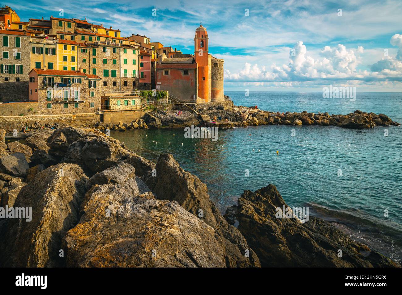Amazing old mediterranean fishing village and touristic place with colorful seaside buildings in Tellaro, Lerici, Liguria, Italy, Europe Stock Photo