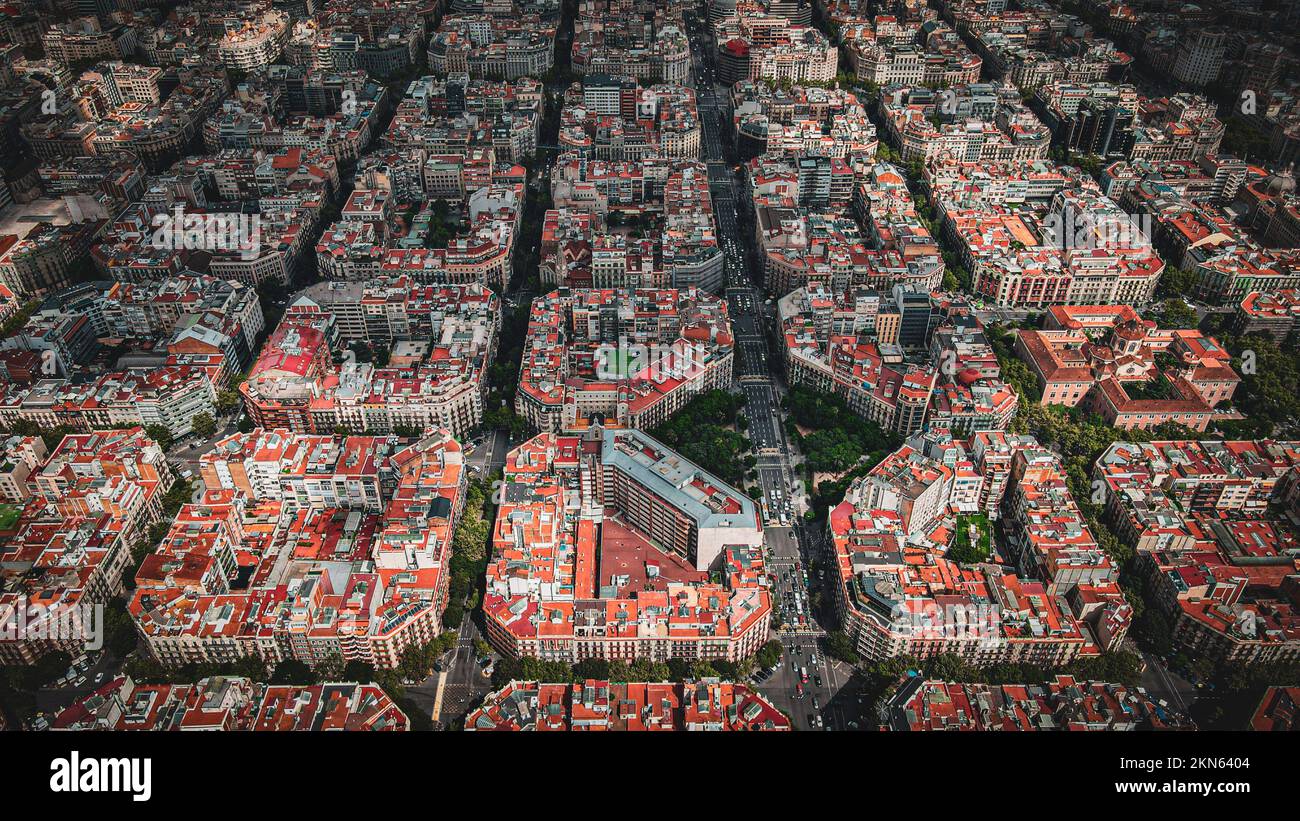 An aerial view of the beautiful architecture of Barcelona in Spain in ...