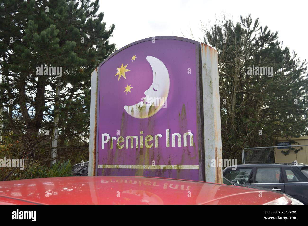 Old Premier Inn Sign in Bridgend, Wales, United Kingdom. Stock Photo