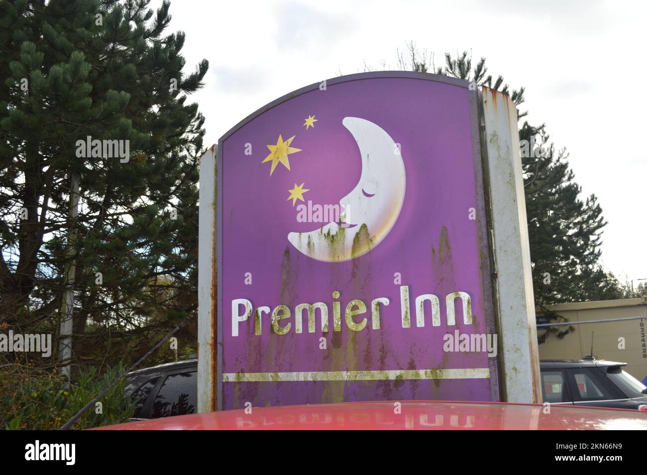 Old Premier Inn Sign in Bridgend, Wales, United Kingdom. Stock Photo