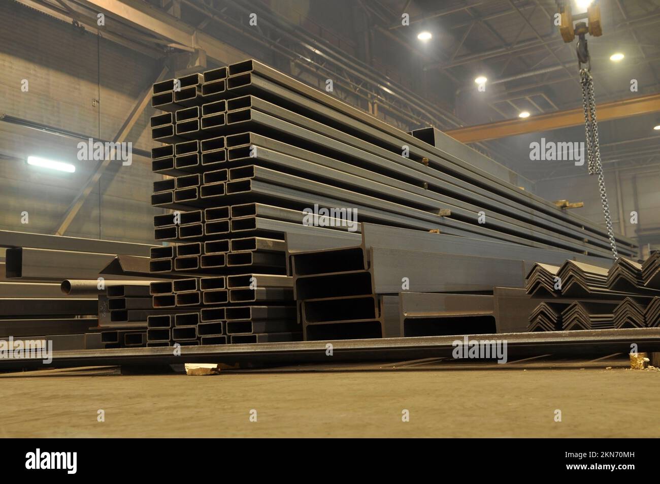 View of Warehousing in the workshop at the plant stock of metal I-beams profile ...