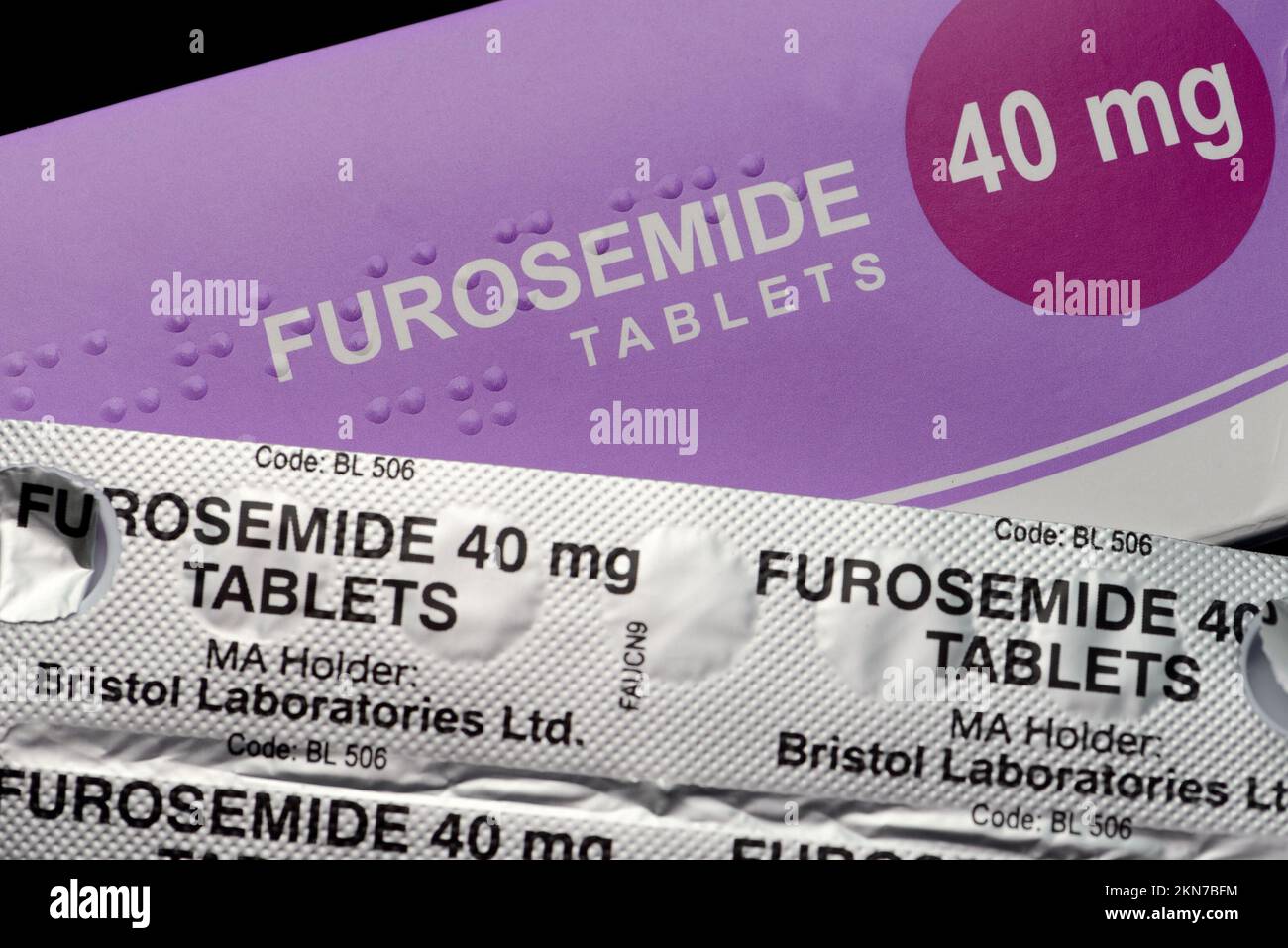 Furosomide - medicine to treat high blood pressure and oedema. 40mg tablets Stock Photo