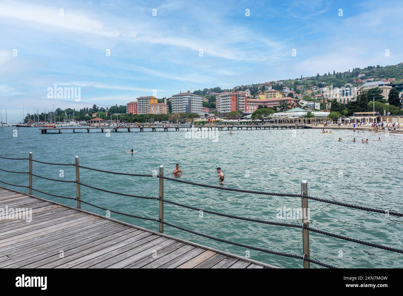 Wooden pier at Portoroz Central Beach, Portoroz, Slovene Istria, Slovenia Stock Photo