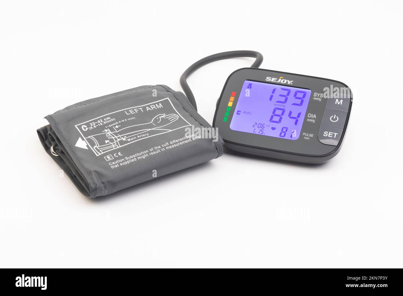 A Joytech Healthcare Sejoy blood pressure monitor and arm cuff Stock Photo