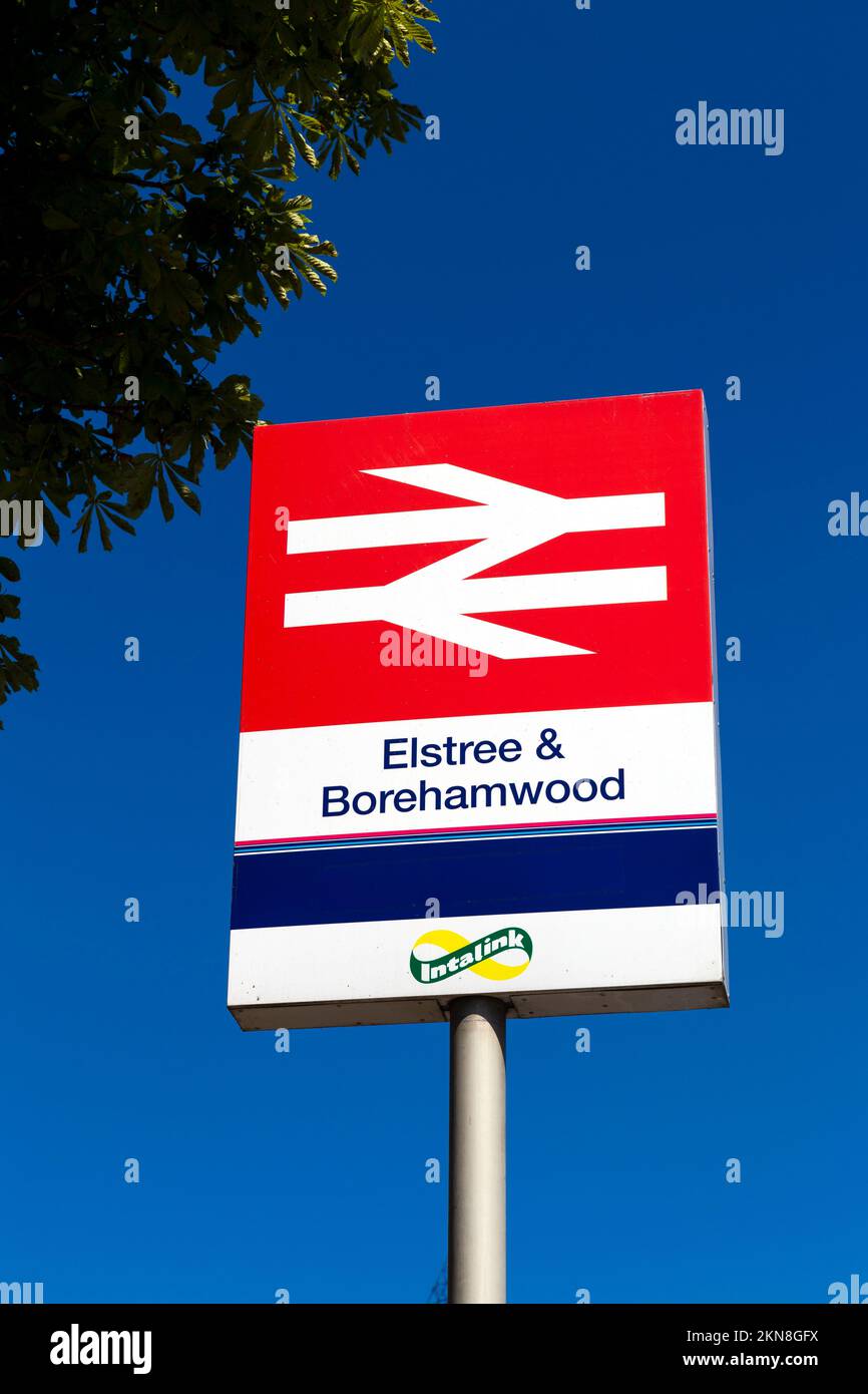 Sign for Elstree & Borehamwood rail station, Borehamwood, Hertfordshire, UK Stock Photo