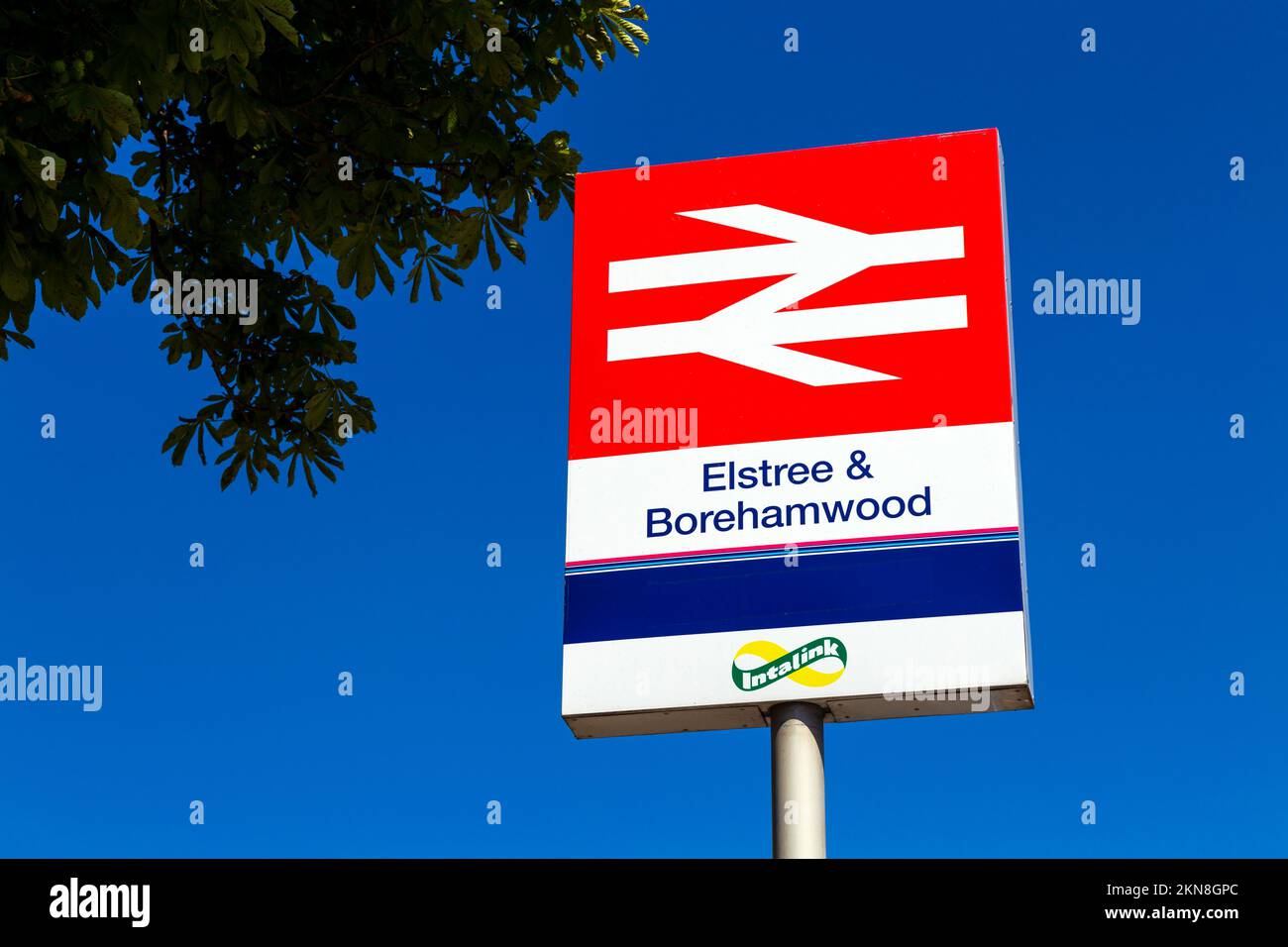Sign for Elstree & Borehamwood rail station, Borehamwood, Hertfordshire, UK Stock Photo