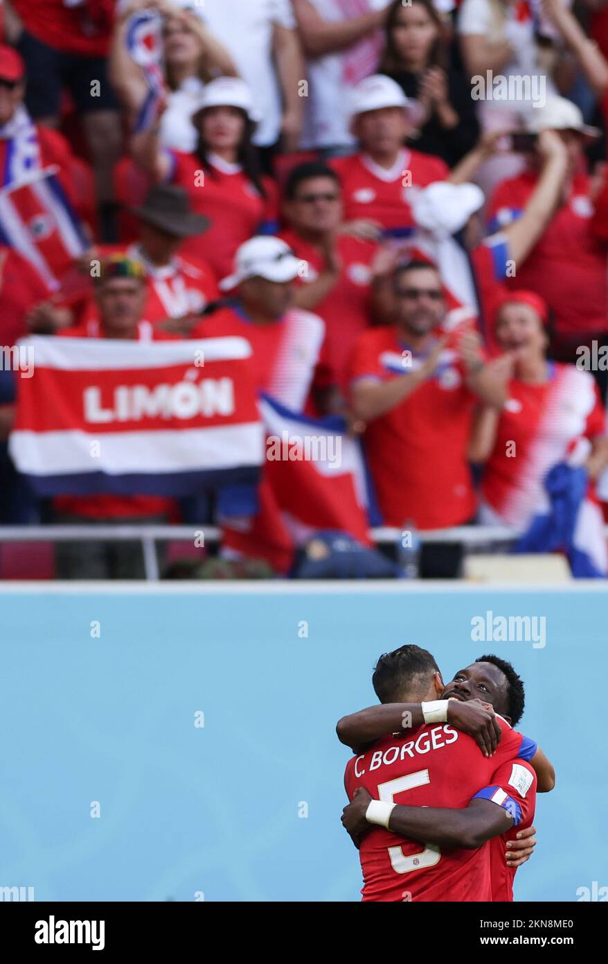 Al Rayyan, Qatar. 27th Nov, 2022. Keysher Fuller (R) of Costa Rica celebrates with teammate Celso Borges during the Group E match between Japan and Costa Rica at the 2022 FIFA World Cup at Ahmad Bin Ali Stadium in Al Rayyan, Qatar, Nov. 27, 2022. Credit: Jia Haocheng/Xinhua/Alamy Live News Stock Photo