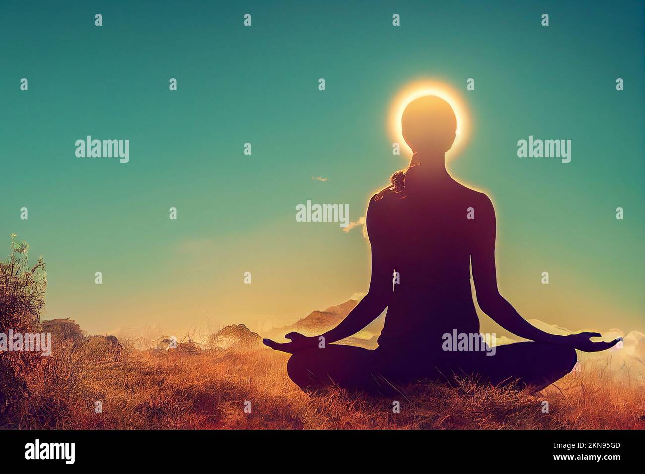silhouette of a woman meditating in yoga pose Stock Photo - Alamy