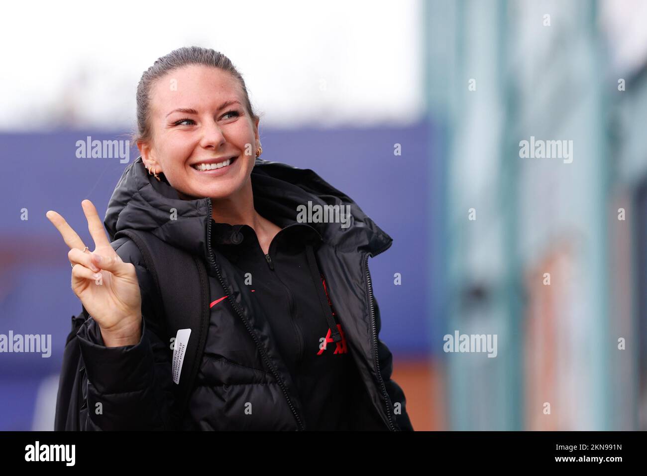 Leighanne Robe 3 of Liverpool Women shows the peace sign as she arrives before the FA Womens