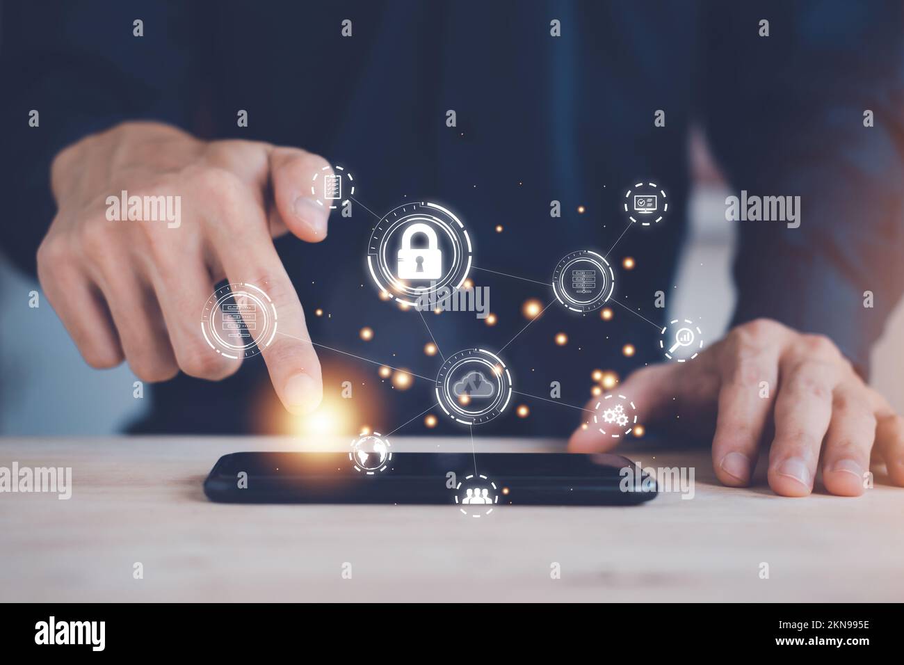 Cloud computing technology concept with businessman and smartphone. Big data analytics and business intelligence concept with chart and graph icons on Stock Photo