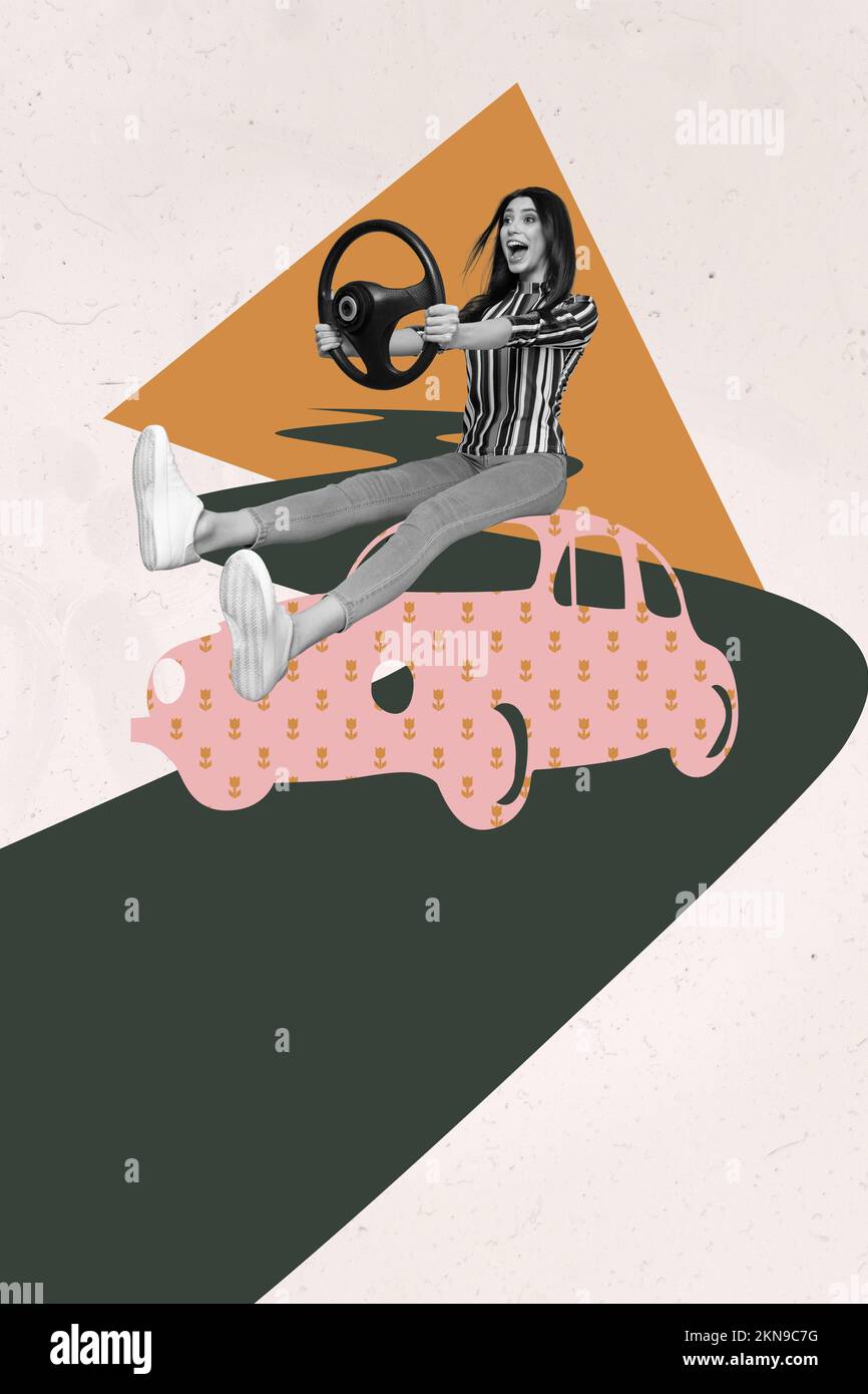 Vertical poster collage of lady drive caar black and white filter