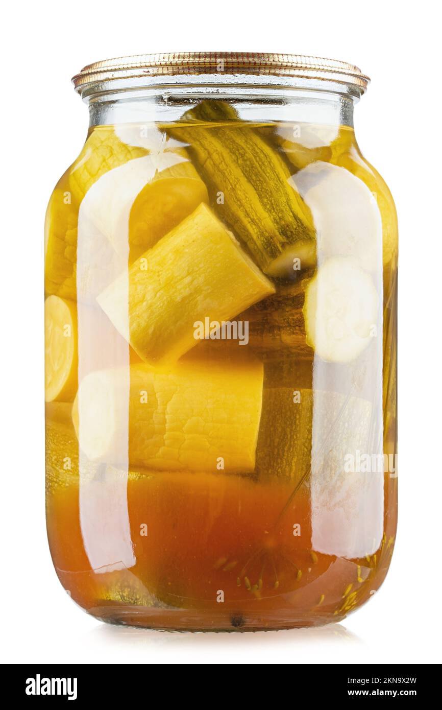 Jar of canned zucchini, isolated on white background, full depth of