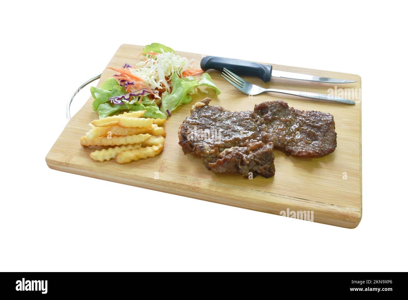 grilled beef steak dressing barbecue sauce with French fries and salad