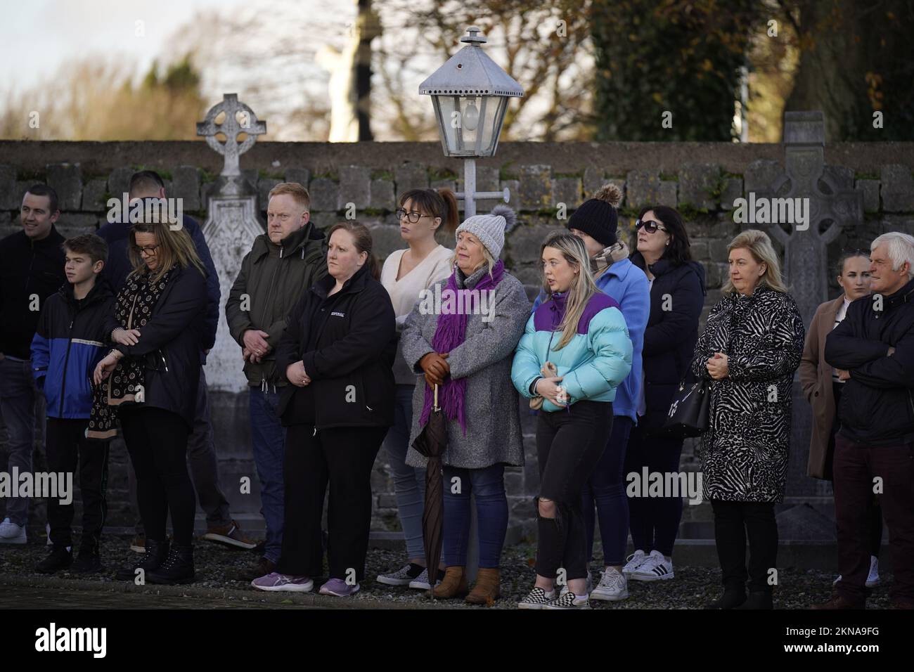 Mourners outside a memorial celebration for Vicky Phelan at the Church of the Assumption, Mooncoin, Co Kilkenny. Cervical cancer campaigner Vicky Phelan died on Monday, aged 48, eight years after being diagnosed with the disease. Picture date: Sunday November 27, 2022. Stock Photo