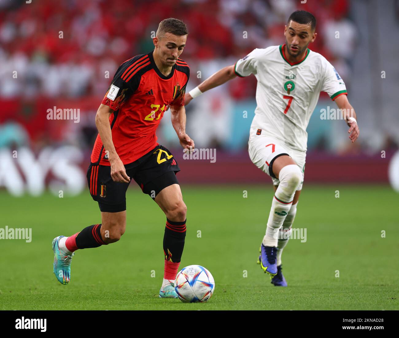 Doha, Qatar, 27th November 2022.  Timothy Castagne of Belgium and Hakim Ziyach of Morocco during the FIFA World Cup 2022 match at Al Thumama Stadium, Doha. Picture credit should read: David Klein / Sportimage Stock Photo