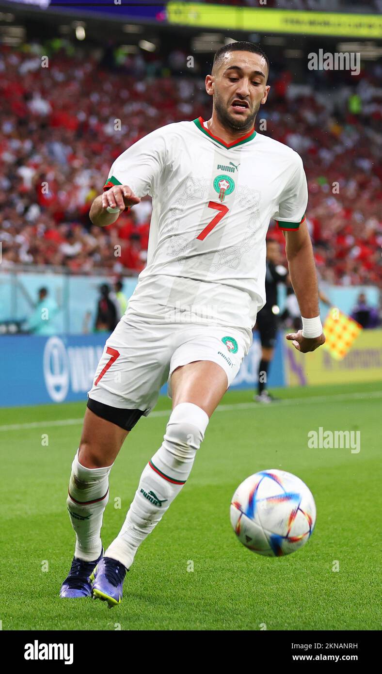 Doha, Qatar, 27th November 2022.  Hakim Ziyach of Morocco in action during the FIFA World Cup 2022 match at Al Thumama Stadium, Doha. Picture credit should read: David Klein / Sportimage Stock Photo