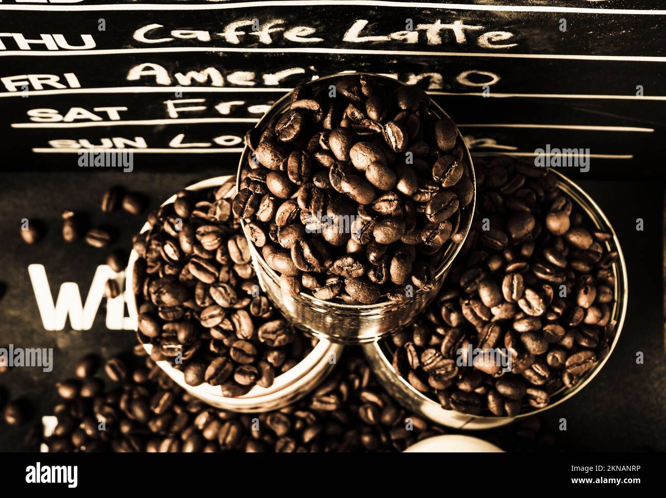 Artistic counter still on a collection of dark roast bean containers