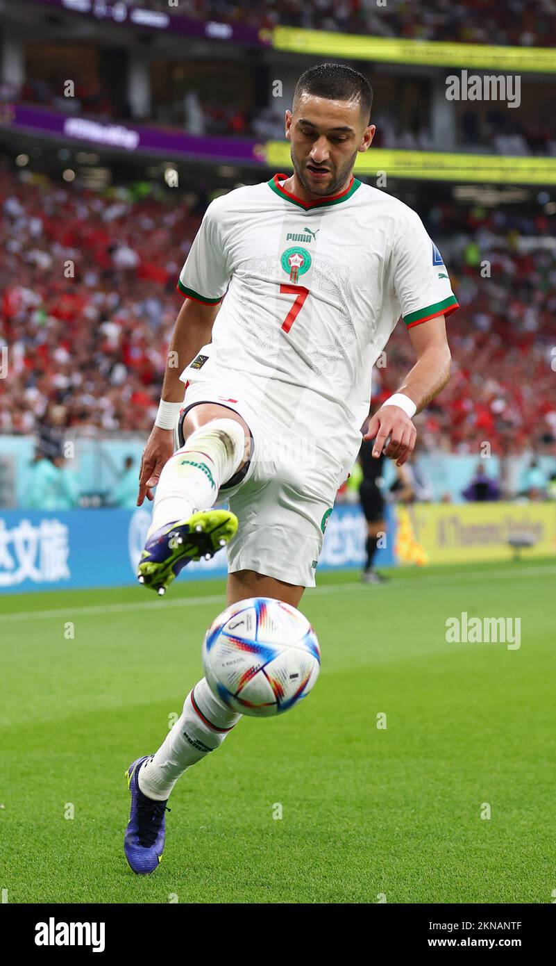 Doha, Qatar, 27th November 2022.  Hakim Ziyach of Morocco in action during the FIFA World Cup 2022 match at Al Thumama Stadium, Doha. Picture credit should read: David Klein / Sportimage Stock Photo