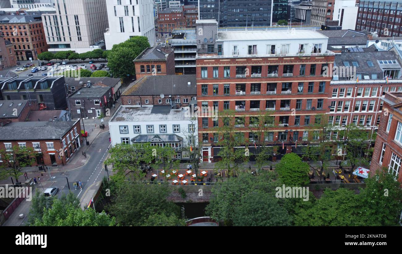 An aerial view of Canal Street, Manchester, the city's gay village, and