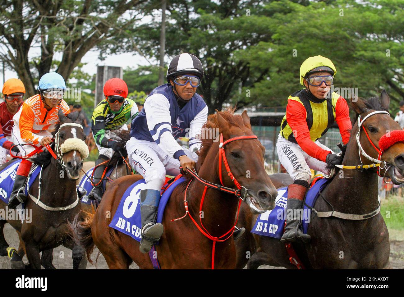 Bantul, Indonesia. 27th Nov, 2022. Jockeys spurring his horse during the 2022 King Hamengku Buwono X Cup Horse Racing Championship at the Sultan Agung Horse Race Track, Bantul, Special Region of Yogyakarta. The championship, which is routinely held every year, was attended by 157 horses from several regions in Indonesia. Credit: SOPA Images Limited/Alamy Live News Stock Photo