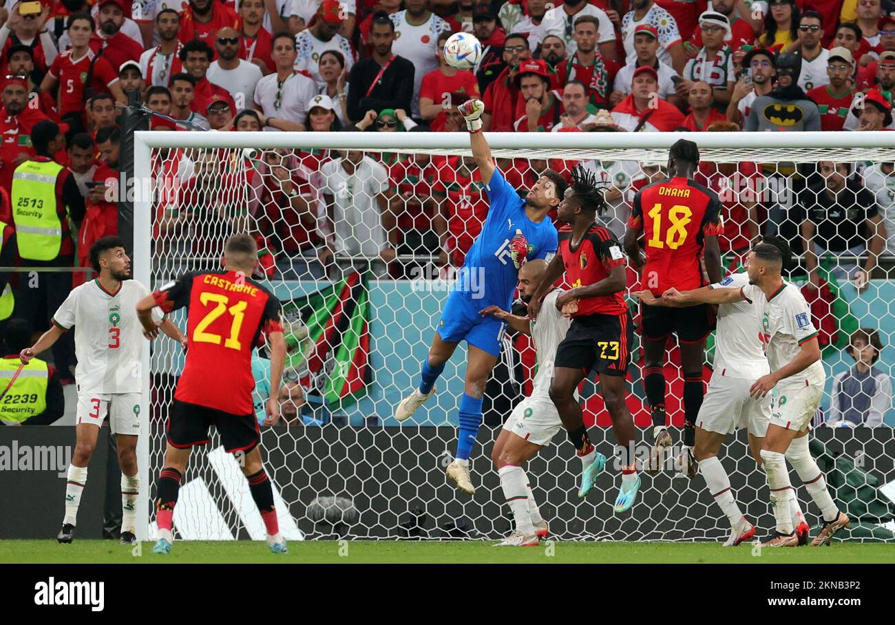 Moroccan goalkeeper Munir Mohamedi, Belgium's Michy Batshuayi and Belgium's Amadou Onana pictured in action during a soccer game between Belgium's national team the Red Devils and Morocco, in Group F of the FIFA 2022 World Cup in Al Thumama Stadium, Doha, State of Qatar on Sunday 27 November 2022. BELGA PHOTO VIRGINIE LEFOUR Stock Photo