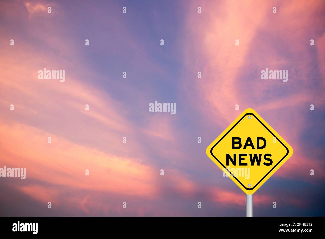 Yellow transportation sign with word bad news on violet color sky ...