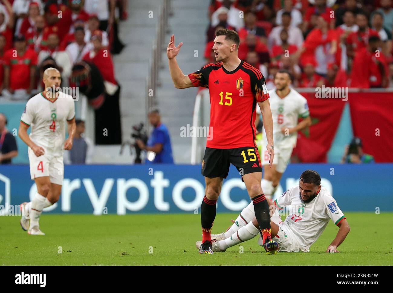 Belgium's Thomas Meunier reacts during a soccer game between Belgium's national team the Red Devils and Morocco, in Group F of the FIFA 2022 World Cup in Al Thumama Stadium, Doha, State of Qatar on Sunday 27 November 2022. BELGA PHOTO VIRGINIE LEFOUR Stock Photo