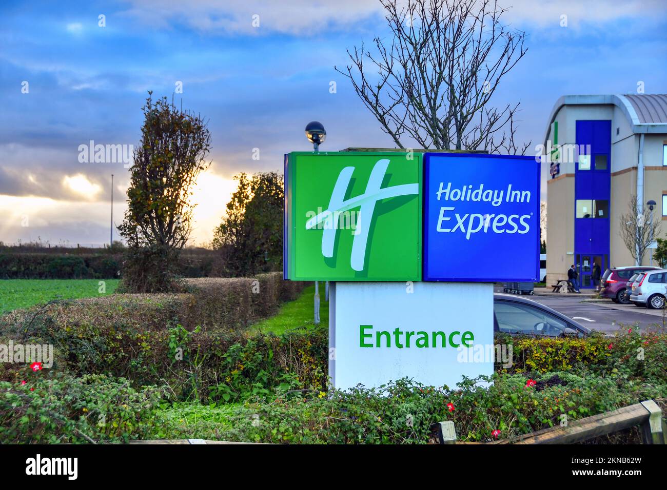 Rhoose, Wales - November 2022: Sign at the entrance to the Holiday Inn Express airport hotel at Cardiff Wales Airport Stock Photo