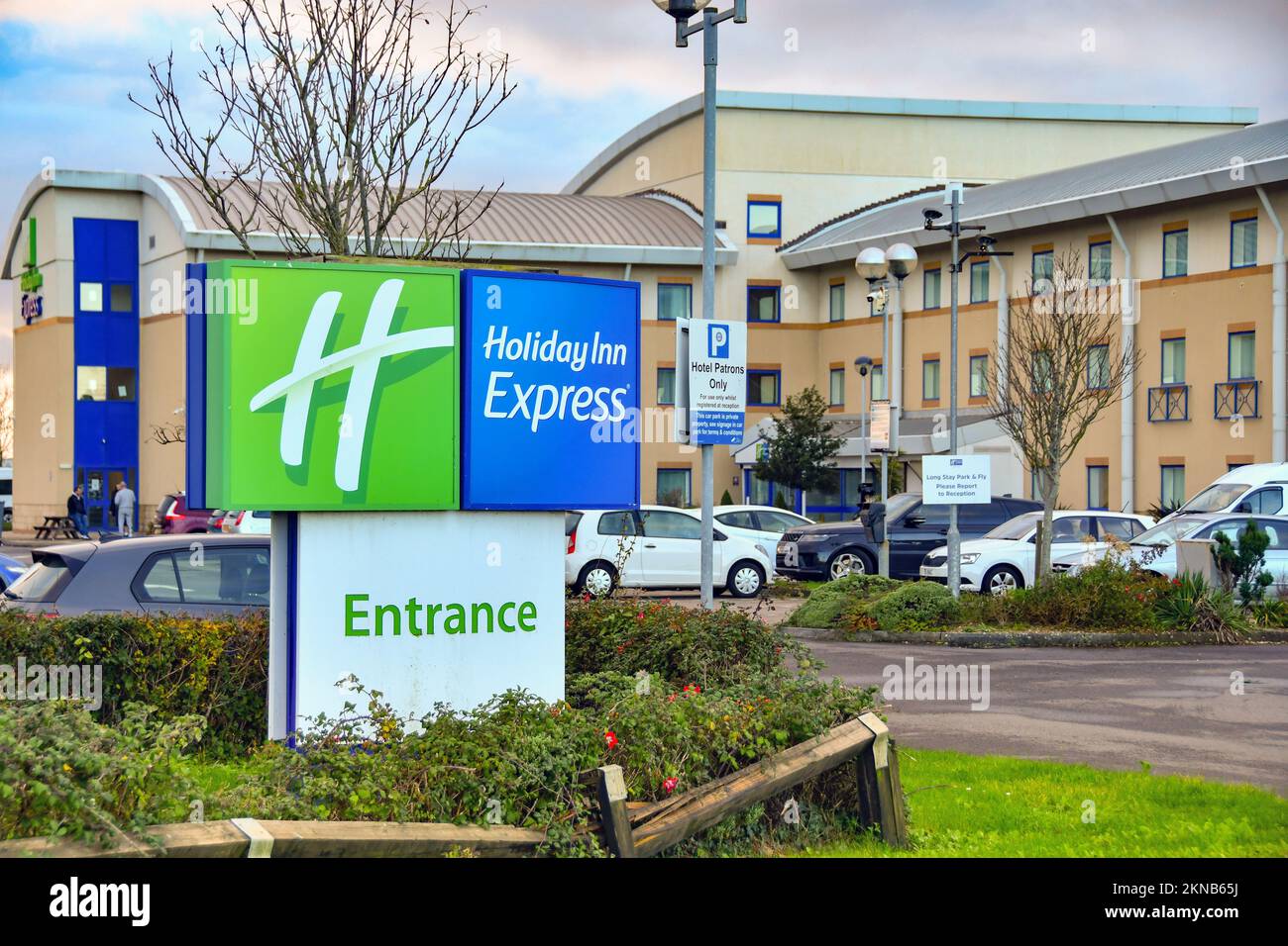 Rhoose, Wales - November 2022: Sign at the entrance to the Holiday Inn Express airport hotel at Cardiff Wales Airport Stock Photo