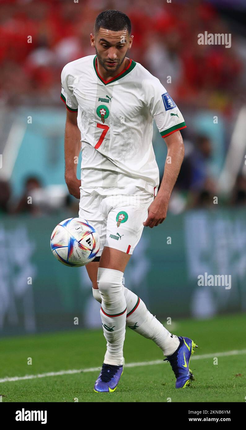 Doha, Qatar, 27th November 2022. Hakim Ziyach of Morocco  during the FIFA World Cup 2022 match at Al Thumama Stadium, Doha. Picture credit should read: David Klein / Sportimage Stock Photo