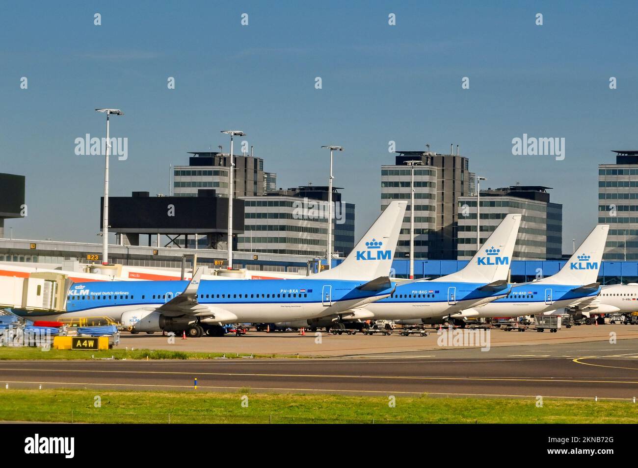 Amsterdam, Netherlands August 2022 Row of KLM jets parked at one of