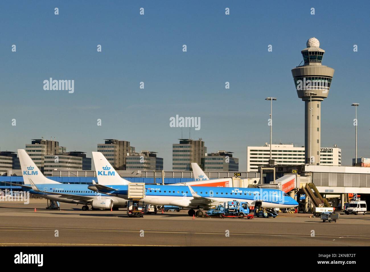 Amsterdam, Netherlands August 2022 Row of KLM jets parked at one of