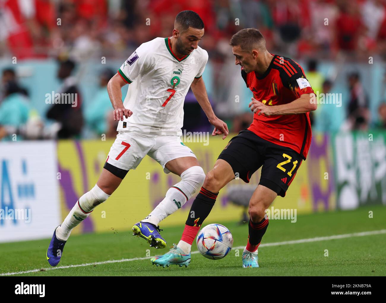 Doha, Qatar, 27th November 2022. Hakim Ziyach of Morocco takes on Timothy Castagne of Belgium during the FIFA World Cup 2022 match at Al Thumama Stadium, Doha. Picture credit should read: David Klein / Sportimage Stock Photo
