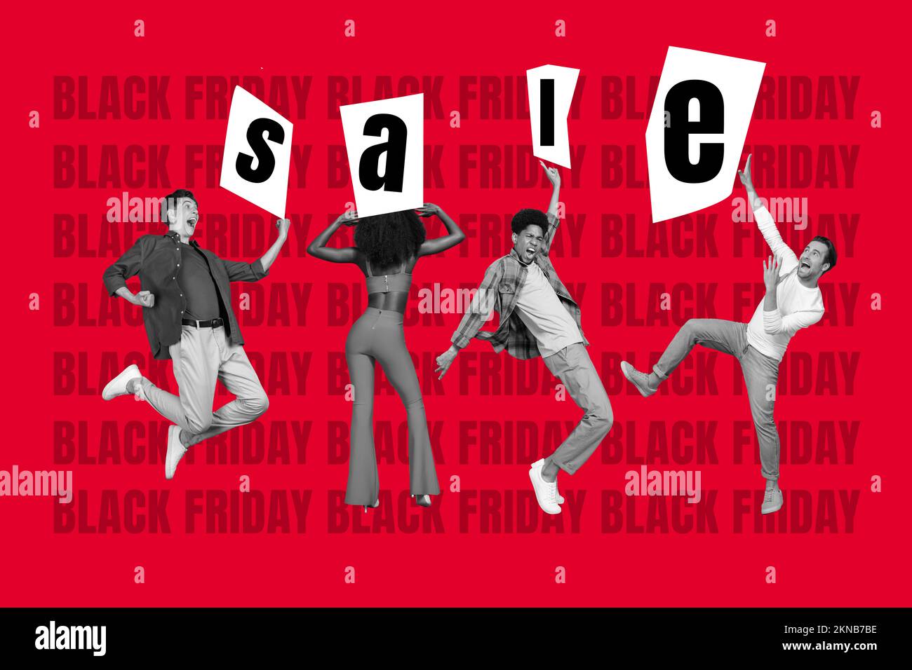 Collage photo postcard of diversity shopping discount concept people hold cards black friday sale promo dancing event isolated on red color background Stock Photo Alamy