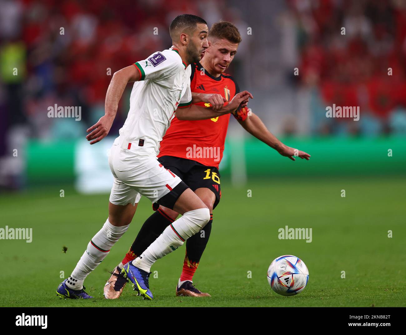 Doha, Qatar, 27th November 2022.  Hakim Ziyach of Morocco and Thorgan Hazard of Belgium during the FIFA World Cup 2022 match at Al Thumama Stadium, Doha. Picture credit should read: David Klein / Sportimage Stock Photo