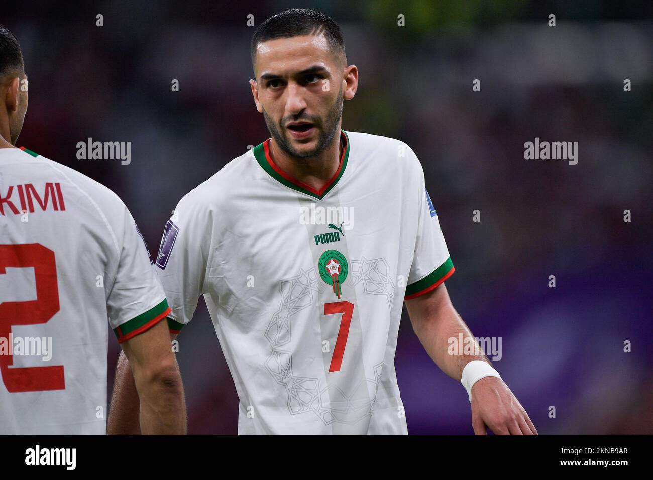 DOHA, QATAR - NOVEMBER 27: Achraf Hakimi of Morocco discusses with Hakim Ziyech of Morocco during the Group F - FIFA World Cup Qatar 2022 match between Belgium and Morocco at the Al Thumama Stadium on November 27, 2022 in Doha, Qatar (Photo by Pablo Morano/BSR Agency) Stock Photo
