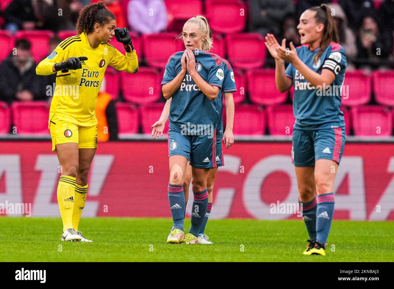 Eindhoven - Feyenoord V1 goalkeeper Jacintha Weimar, Cheyenne van den Goorbergh of Feyenoord V1 react to the 1-0 during the match between PSV V1 v Feyenoord V1 at Philips Stadion on 27 November 2022 in Eindhoven, Netherlands. (Box to Box Pictures/Yannick Verhoeven) Stock Photo