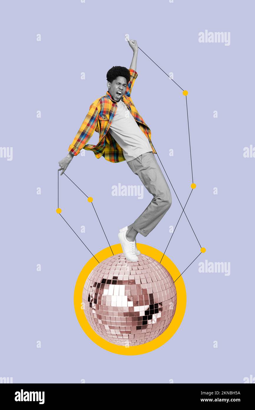 Vertical collage picture of carefree black white effect guy stand disco
