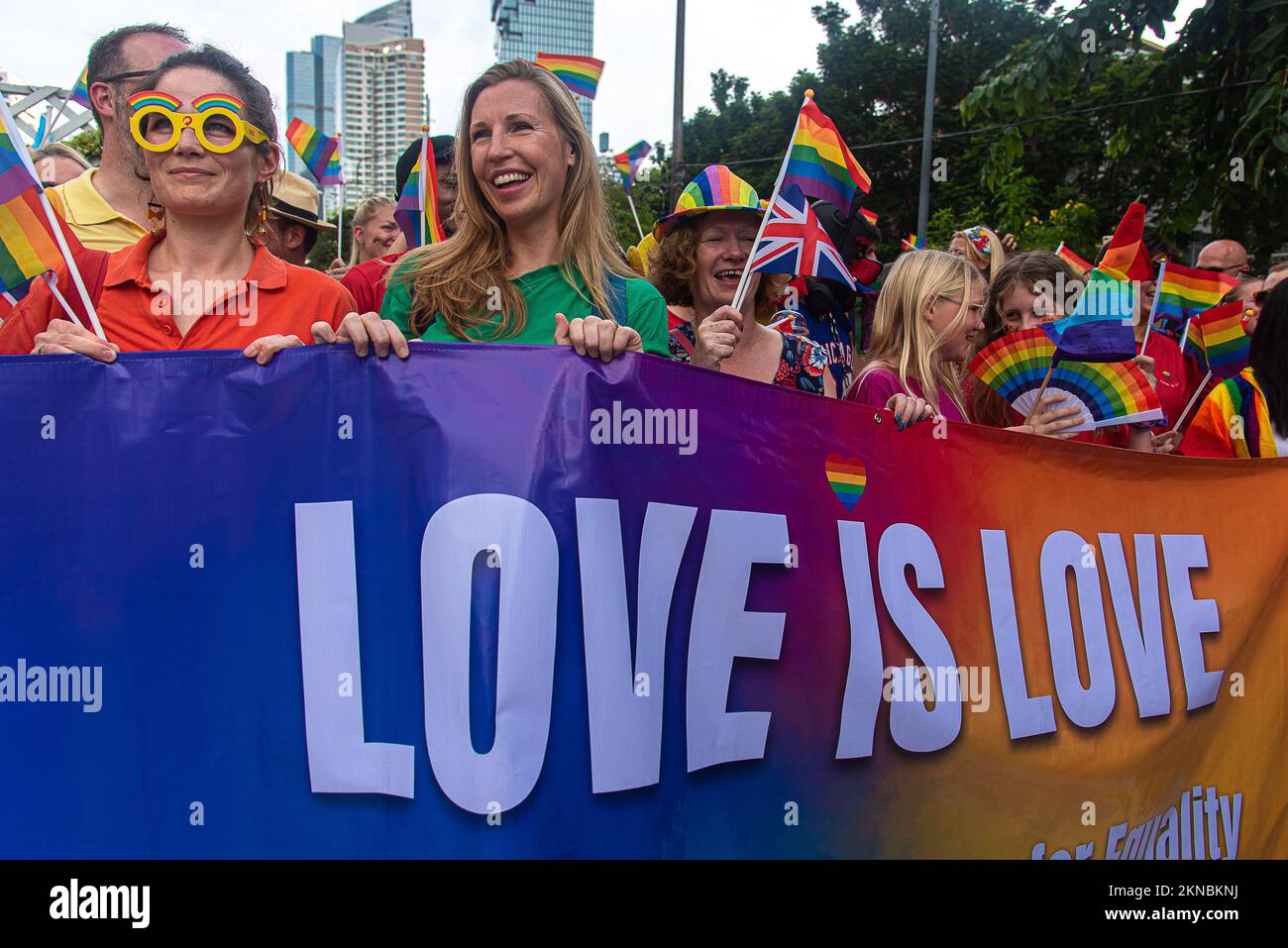 Bangkok, Thailand. 27th Nov, 2022. Participants hold a banner during the Thailand Pride Parade 2022. Thailand's LGBTQI groups and foreigners attended Thailand Pride Parade 2022 at Silom road to raise awareness and promote sexual diversity and equal rights for the Lesbian, Gay, Bisexual, Transgender and Queer (LGBTQ) community in Thailand. Credit: SOPA Images Limited/Alamy Live News Stock Photo