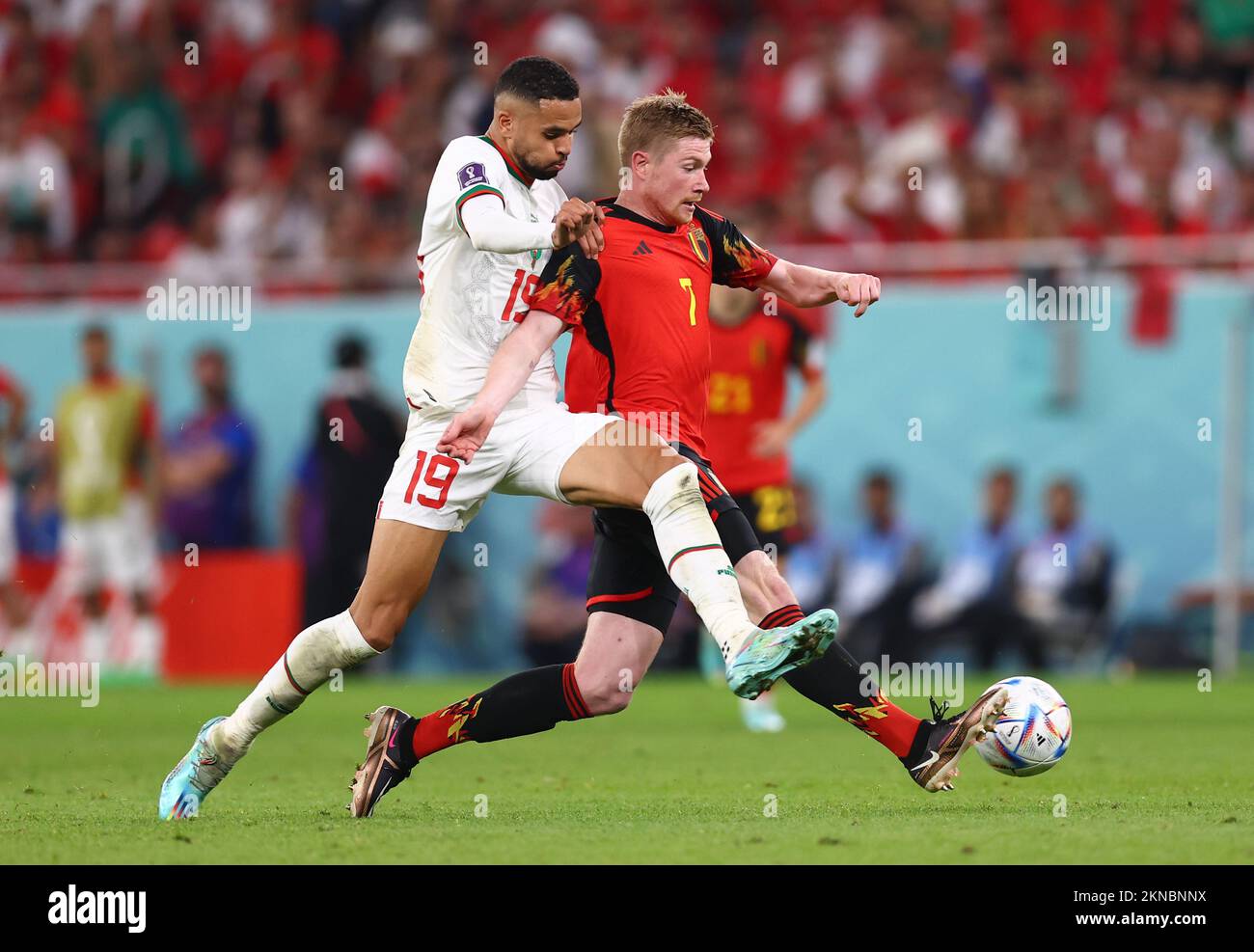Doha, Qatar. 27th Nov, 2022. Youssef En-Nesyri of Morocco challenges Kevin De Bruyne of Belgium during the FIFA World Cup 2022 match at Al Thumama Stadium, Doha. Picture credit should read: David Klein/Sportimage Credit: Sportimage/Alamy Live News Stock Photo
